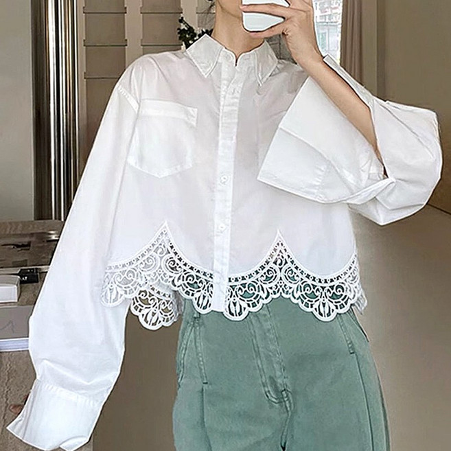 여성 프렌치 긴팔 카라 크롭 셔츠 블라우스 하단 고급 레이스 셔츠 키작녀 남방