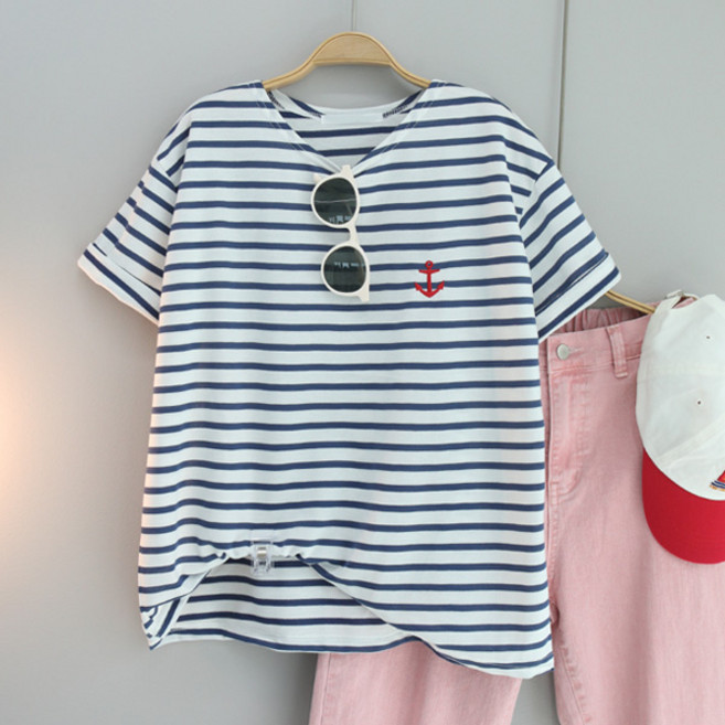 달콩 여성 스트라이프 여름 반팔 돗자수마린단가라반팔티