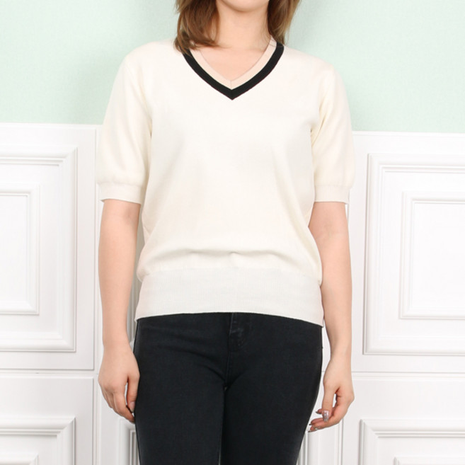 뜨개진 여성용 벨리시모 브이넥 부드러운 배색 반팔 니트