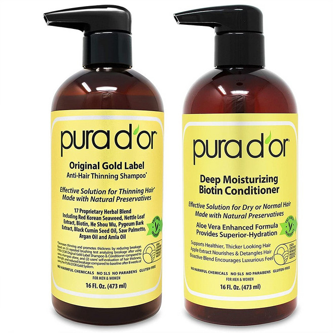 퓨라도르 오리지널 골드 라벨 샴푸 비오틴 컨디셔너 세트 473ml 2개 PURA DOR Biotin Original Gold Label Anti-Thinning (16oz x 2), 각 1개