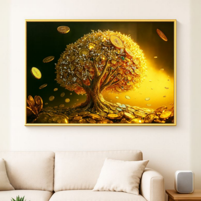 제이레인 돈들어오는 액자 황금나무액자 집들이 센스있는 개업선물액자 황금 돈나무 액자, 가로X세로 60X40cm 골드프레임 포함