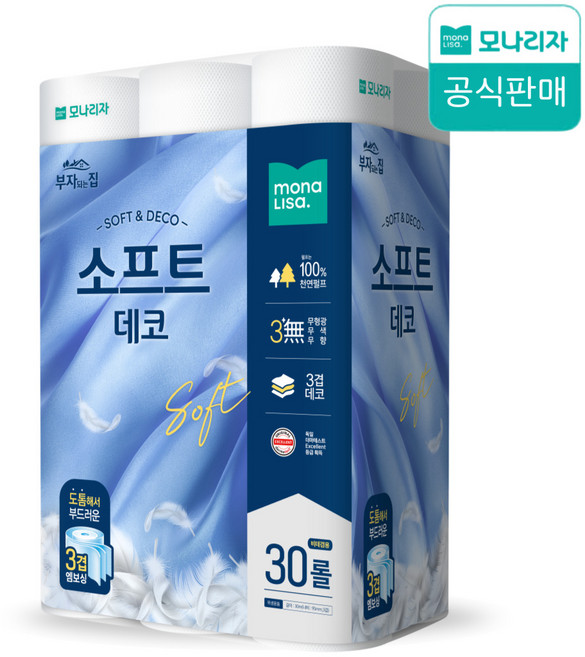 모나리자 부자되는집 프리미엄 천연펄프 고급화장지 3겹 소프트데코, 1개, 30롤, 30m