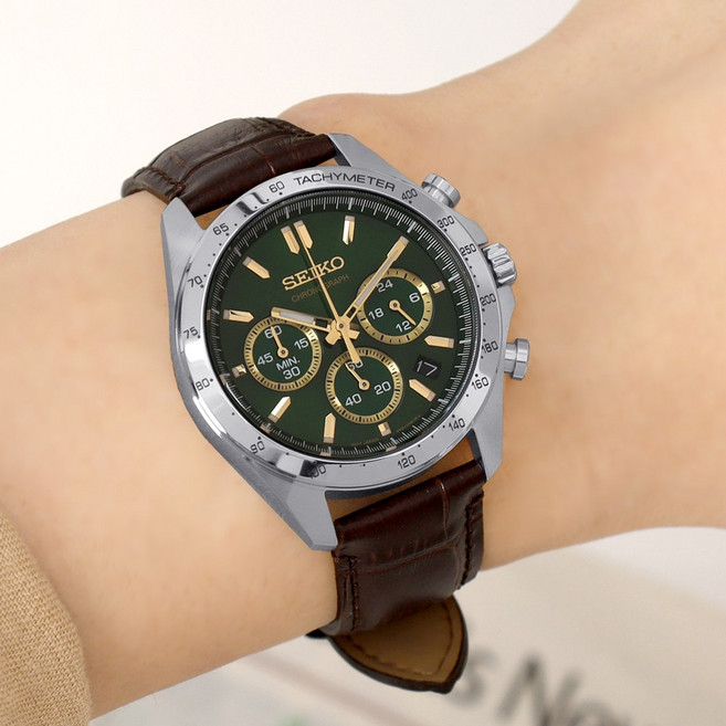 세이코 스피릿 남성용 크로노그래프 브라운&그린 가죽 손목시계