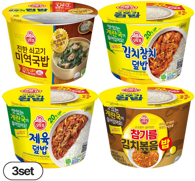 오뚜기 컵밥 4종 각 3개씩(참기름김치볶음밥+김치참치덮밥+제육덮밥+진한쇠고기미역국밥), 3세트