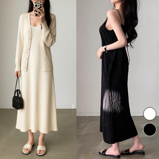 핏몬 여성 구김없는 플리츠 끈 나시 롱 원피스 자체제작