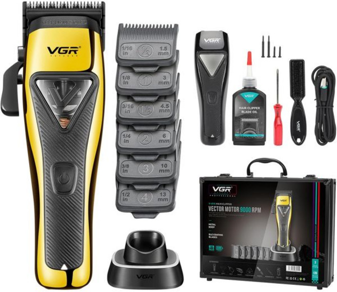 VGR 015 남성용 전문 무선 헤어 클리퍼 9000 RPM 벡터 모터 트리머 DLC-블레이드 바버 메탈 바디로 머리를 자르는 데 사용 가능 블랙 모듈형 뚜껑 1개 여행용, VGR 015 남성용 전문 무선 헤어 클리퍼, 9000