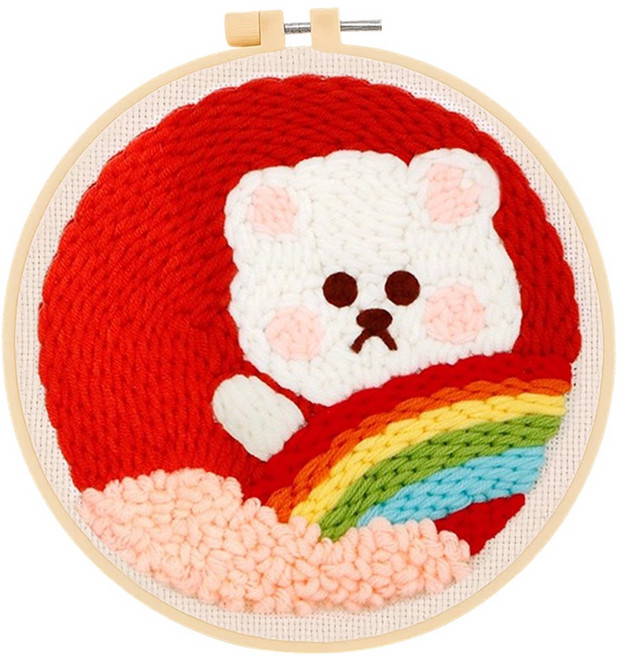 투데이리빙 DIY 펀치 니들 자수 세트 초보자 힐링 취미 뜨개질 만들기 감성 털실 펀칭 공예 십자수 키트 귀여운 원형 소품 액자 프레임, 무지개곰돌이, 1세트