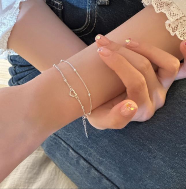 [925 Silver] 델리아 구슬 하트 더블 레이어 팔찌 데일리 귀여운 우아한 Y2K 레이어드 링 빈티지 화려한 봄 여름 포인트 특별한 은 주얼리