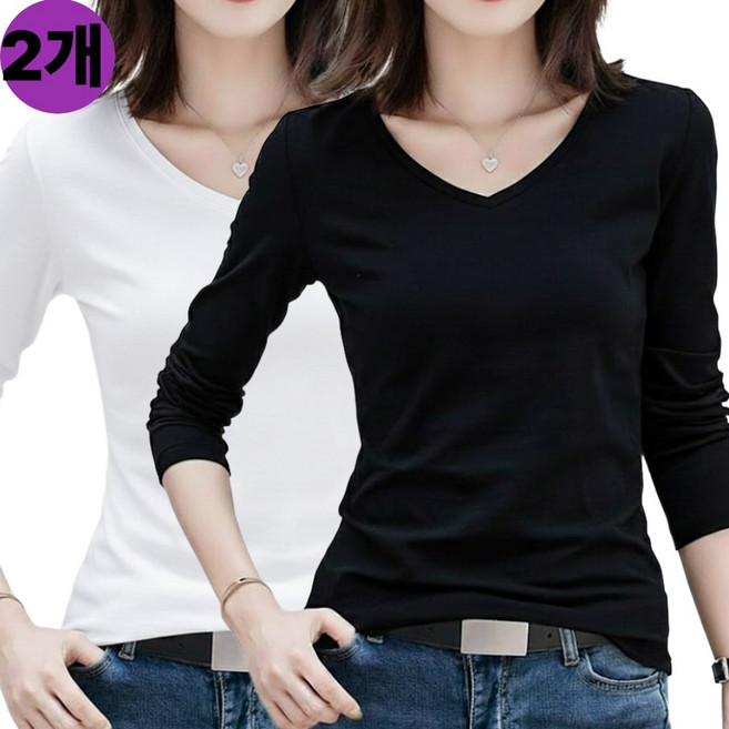 여성 슬림한 브이넥 긴팔 이너 1+1 티셔츠 (빠른토끼) 봄 가을용