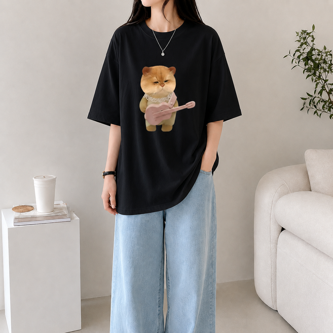 여성 귀여운 고양이 프린팅 반팔 티셔츠 오버핏 루즈핏 여름 캐주얼 데일리 라운드넥 티셔츠