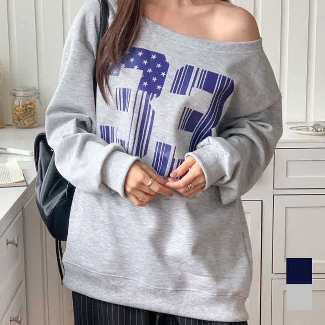 와폰 면 박스핏 오프숄더 긴팔 맨투맨 2color ZTC117