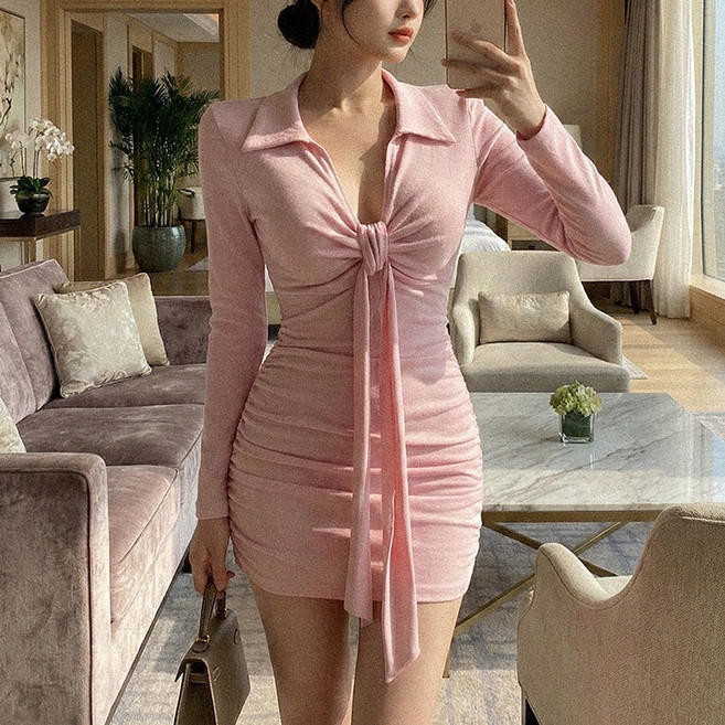 글램디브 루아벤 셔링원피스 미니 카라넥 슬림핏 AC0270