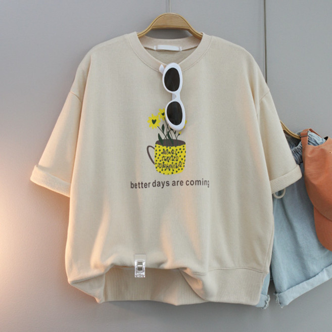 달콩 컵플라워프린팅반팔맨투맨 여성 반팔티 국내제작