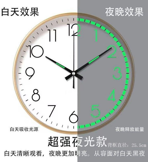 掛鐘 圓形夜光靜音掛鐘 客廳掛牆石英鐘 臥室鐘錶 簡約時鐘 家用掛錶, 尊貴金色, 38cm夜光日曆版