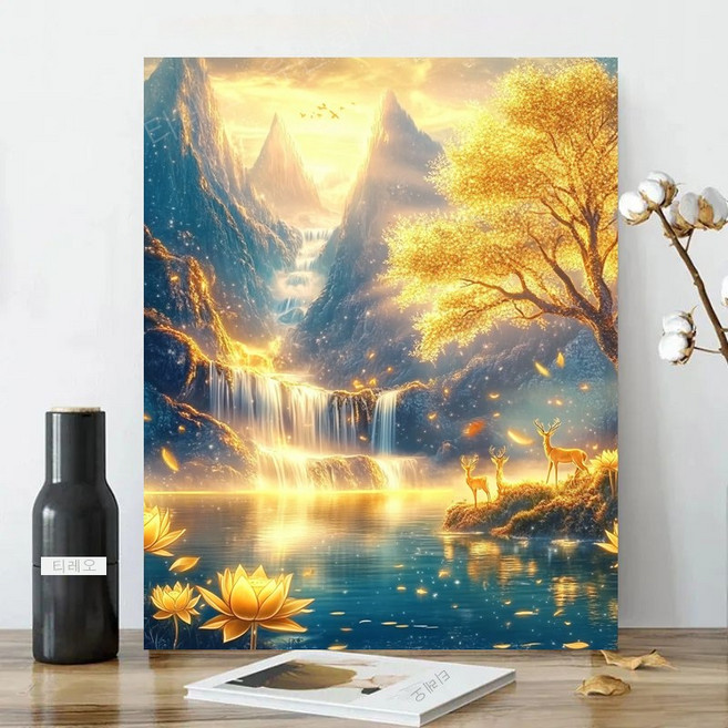 보석십자수 캔버스형 원형비즈십자수 DIY키트 40x50cm 3D 대형 선물용 재물 객실 풍수 인테리어, 1개, 19 돈나무 연화 폭포