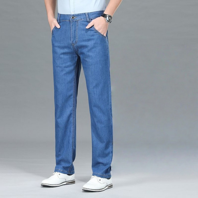 Makone 남성 여름 얇은 냉장고 청바지 비지니스 캐주얼 스트레이트 데님 팬츠