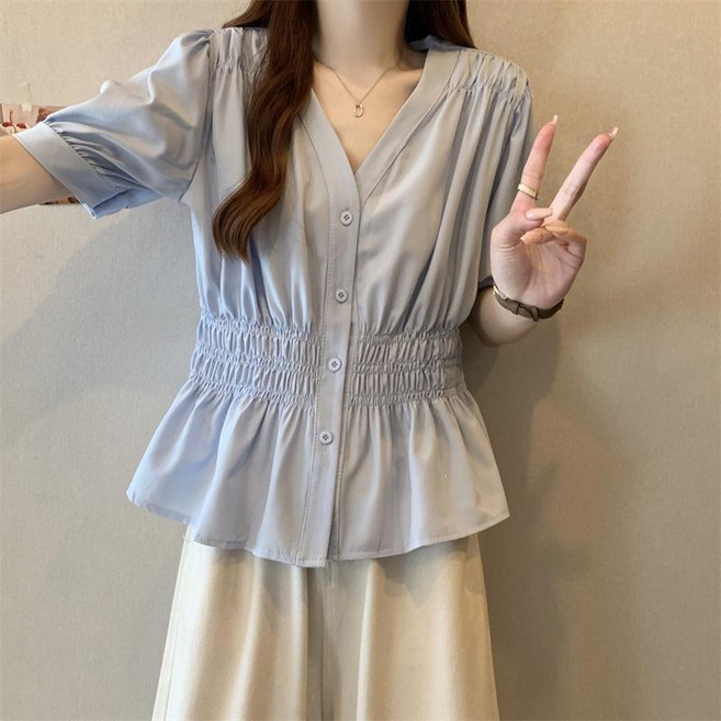 女裝夏純色褶皺設計感襯衫短袖 氣質V領上衣