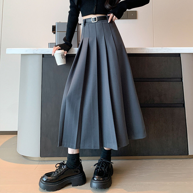 여성용 A라인 롱 스커트 하이웨스트 슬림핏 모직 주름치마 뉴타임즈 Women's skirt