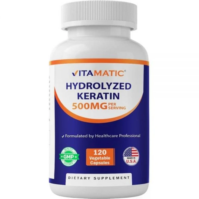 Vitamatic 가수분해된 케라틴 1회 제공량당 500mg - 채식주의자 캡슐 120개 - 건강한 모발 피부 및 손톱을 위한 케라틴 보충제 성인용, Vitamatic 가수분해된 케라틴 1회 제공량당 50, 1개, 120정 - 쿠팡