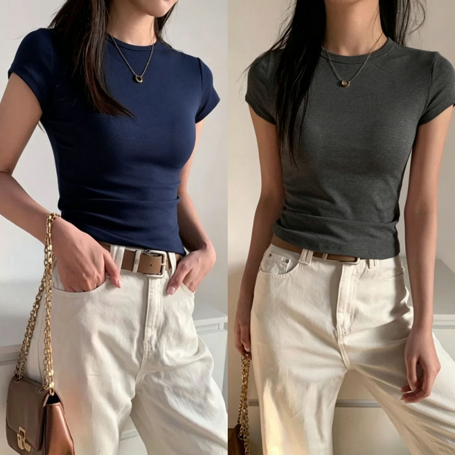 棉圓領短袖修身上衣, 1個, 藏藍色+深灰【實惠兩件裝】2XL(140-160斤)