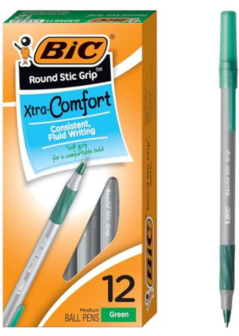 BIC 라운드 스틱 그립 엑스트라 컴포트 볼펜 미디엄 포인 BIC Round Stic Grip Xtra-Comfort Medium Ball Point Pen; Green; 12, 혼합색상, 12개, 펜