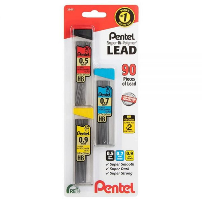펜텔 Pentel 슈퍼 하이 폴리머 샤프 심 리필 - 0.5mm 0.7mm 0.9mm 90개 각 사이즈 193664, 90 Count (Pack of 1)