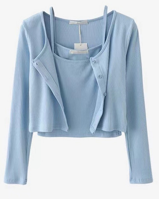 TIMEPURE 여성 골지 니트 크롭 가디건 나시 투피스 세트