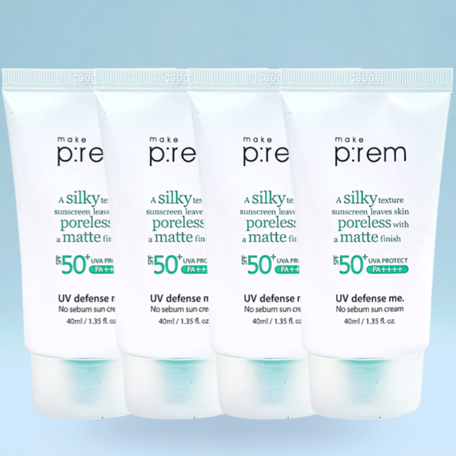 메이크프렘 UV 유브이 디펜스 미 노세범 선크림 - 유분기 없는 매끈 모공 자차 벨벳매트 피비컨트롤 톤결커버, 50ml, 4개