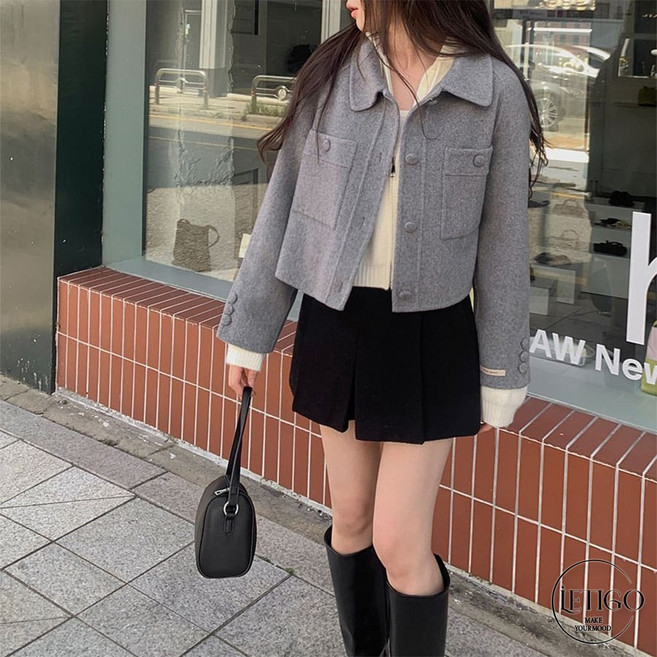 레티고 핸드메이드 프렌치 빅포켓 모직 버튼 숏 코트