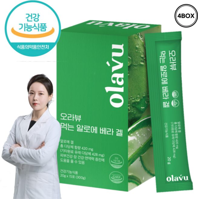 뉴트리커먼 오라뷰 먹는 알로에 젤리 스틱 베라겔 420mg 면역력증진 피부관리 면역다당체 맛있는 알로에 겔 건강증진 콜라겐 히알루론산 장건강 식품, 300g, 4개