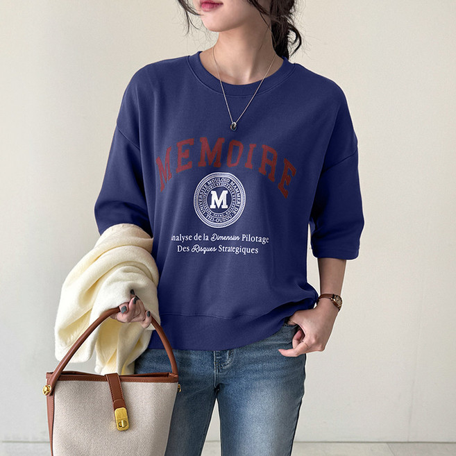 데일리앤 윌스 루즈핏 7부 맨투맨 레터링 프린팅 여성 반팔 티셔츠 봄 가을 캐주얼 스웻셔츠 간절기