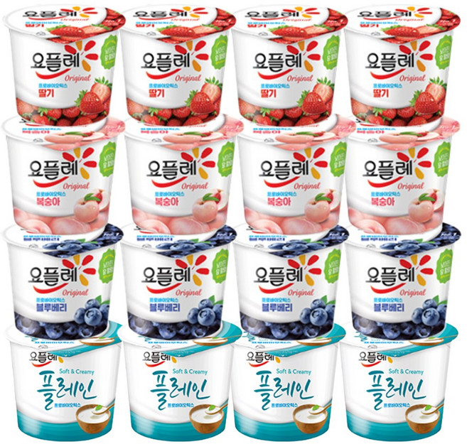 빙그레 요플레홈 180g 4종혼합 (딸기4+복숭아4+블루베리4+플레인4), 16개