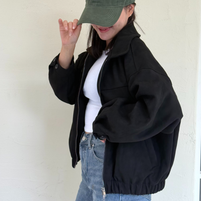 누보마켓 봄 가을 여성 스웨이드 자켓 무스탕 카라 밴딩 투웨이 집업 아우터 블루종