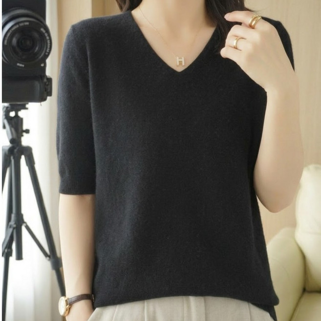 베르슈어 루즈핏 브이넥 여성 반팔 니트