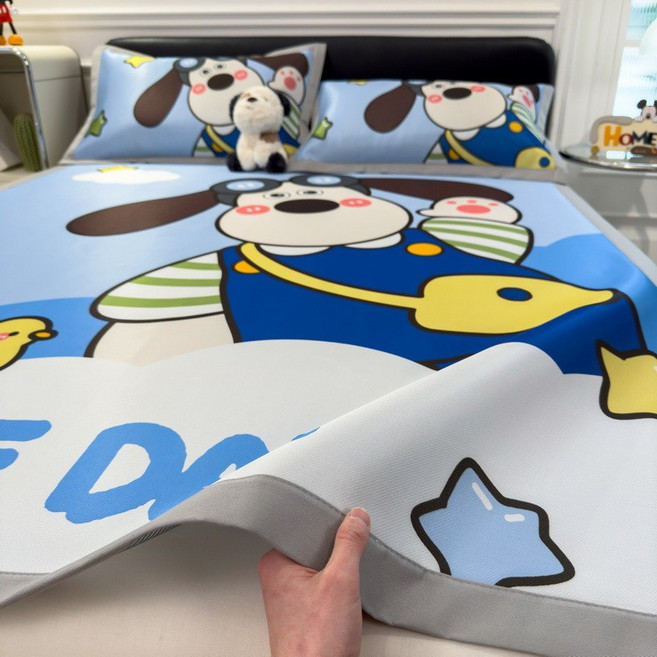 卡通印花冰絲涼蓆 雙人加大 兒童房可愛床墊, 調皮寶貝,150X200cm涼蓆平鋪款+枕套一對