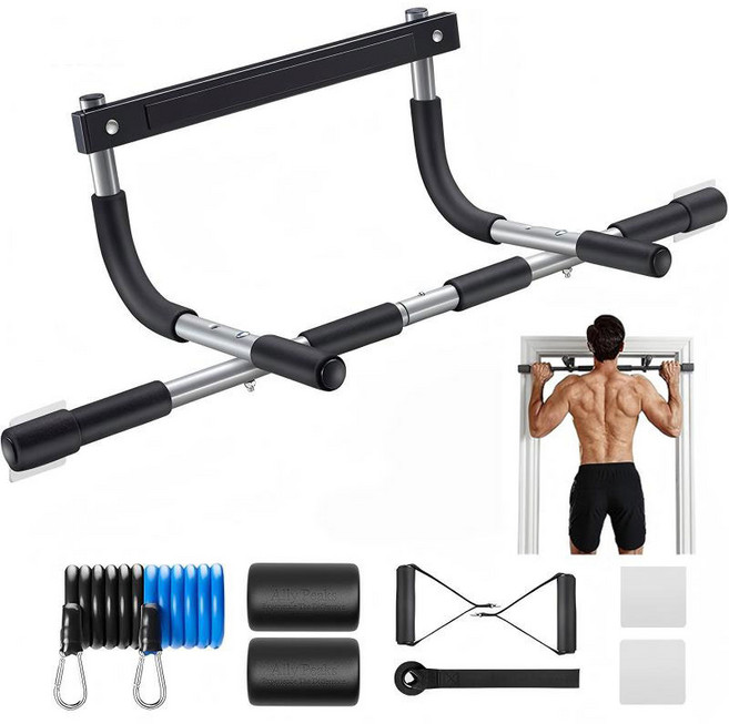 2단 문틀 철봉 높이조절 와이드그립 턱걸이 풀업바 더 와이디스트 문틀철 미끄럼 방지 가정용 실내 운동 기구 구멍 없이 설치, 검정