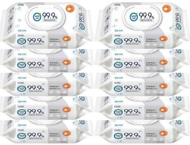 깨끗한나라 99.9% 손소독 물티슈 캡형 60매X6팩, 54개