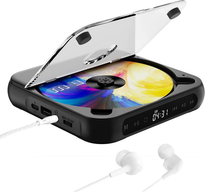 프리라이프 - 휴대용 CD 플레이어 충전식 무선 블루투스 5.3 플레이어 반복 어학기, 블랙, HB16