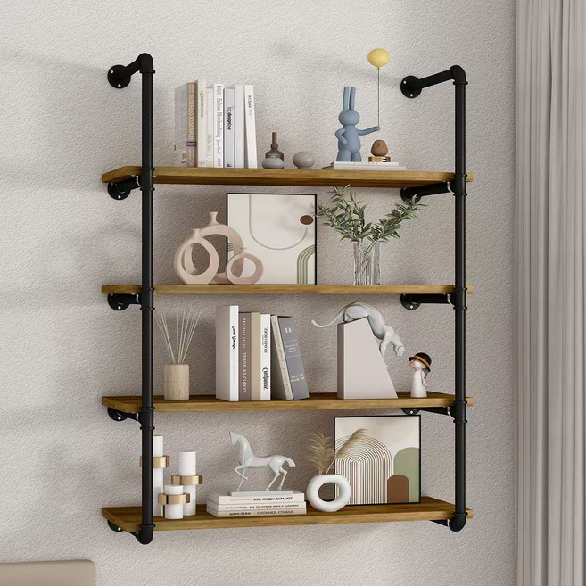 모던마켓 홈 데코용 나무 벽걸이 4층 산업용 파이프 플로팅 선반 술집 매장 카폐 벽면 진열장, 4단, 블랙