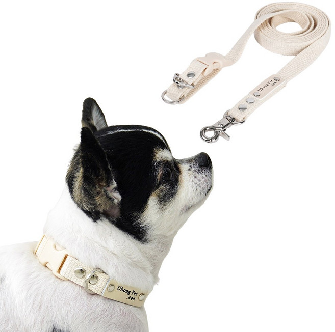 [패키지할인] [목줄 무료이름각인] 순면 강아지 고양이 목줄 + 핸즈프리 리드줄 세트, S (20mm), 20mm2.5M, 아이보리, 1개