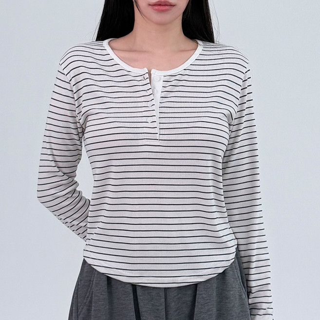 오픈 단추 배색 라운드넥 여성용 긴팔 국산 스트라이프 티셔츠
