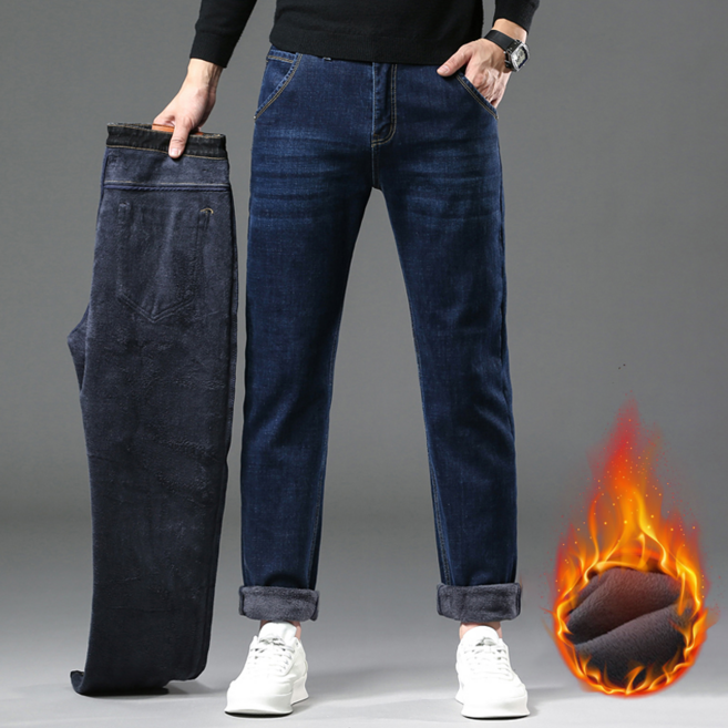 NUNUHANA 남성 겨울 부드러운 기모 스판 청바지