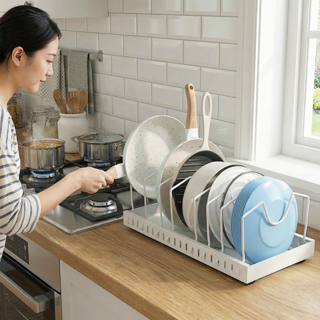 APPASO 뚜껑 정리대 / 슬라이드형 싱크대 하부 수납선반 U형 막대 신축형 42-53cm 화이트 / 대용량, 1개, 하얀색