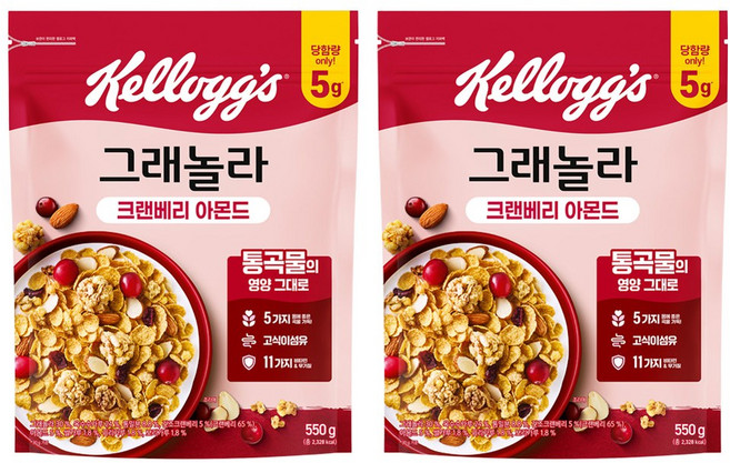 켈로그 크랜베리 아몬드 그래놀라 시리얼, 550g, 2개