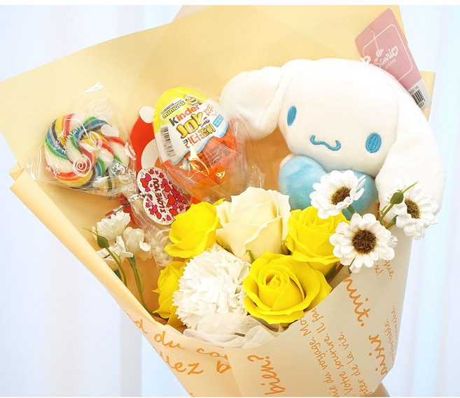 란플라워 산리오 인형 - 시나모롤 쿠로미/마이멜로디/킨더조이/사탕 꽃다발, 하트풍선 시나모롤, 여아용 킨더조이, 옐로우