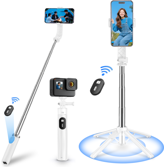 NICESUN 블루투스 휴대폰 삼각대 스마트폰/카메라/고프로 삼각대 셀카봉 103cm P07, 화이트