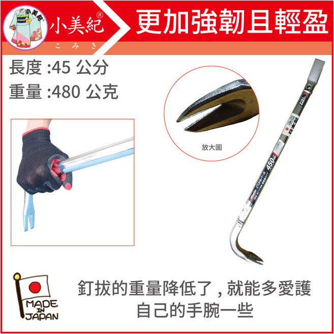 小美紀 日本製平田釘拔單開口 45公分 拔釘器 拔釘子 板模工具 起釘器 拔釘 木工裝潢, 1個