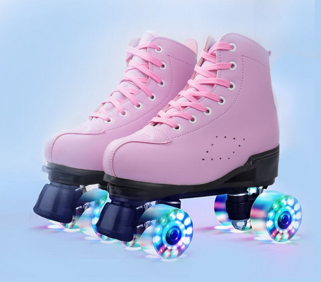 인라인스케이트 2열 롤러 스케이트화 남녀 화이트 반짝반짝 롤러스케이트 초보자, 34 * 분홍색 발광 휠(No:1 고품질), 1개