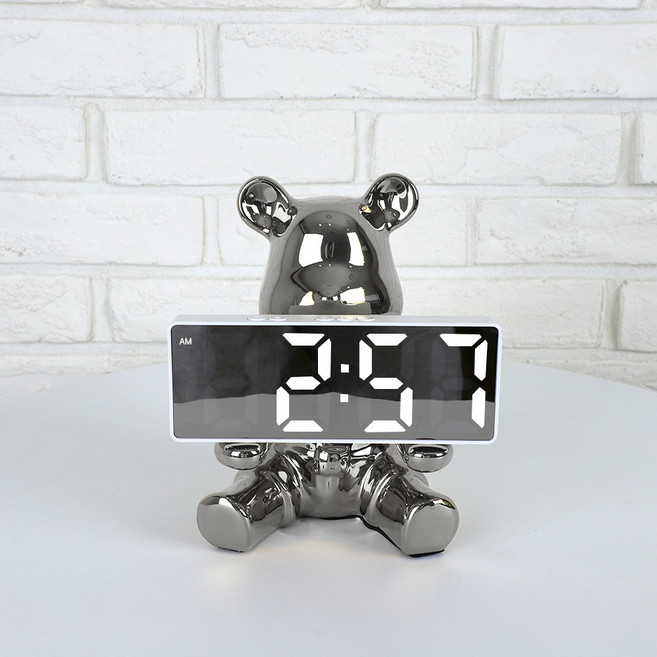 플랜와이 시크 곰돌이 인테리어 트레이 LED 시계 집들이 선물 탁상 현관 소품 보관함, B-앉은 곰돌이-실버