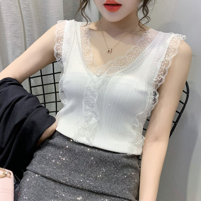 스타일아유 시원한 여름 나시 여성 니트 레이스 브이넥 캐미솔 루즈핏 나시티 민소매티셔츠 [A3G2TO0072]